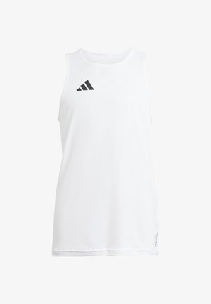 Débardeur de sport blanc sans manches avec le logo Adidas noir sur le haut gauche de la poitrine et le texte Aeroready près de l'ourlet inférieur droit.