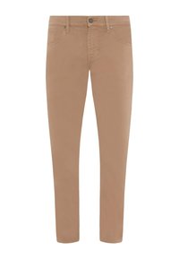 Beige chino's met een rechte pasvorm, gemaakt van katoen. Kenmerken zijn een knoopsluiting, een vijf-zakken ontwerp en een gladde textuur.