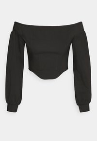 Top nero scollato sulle spalle con maniche lunghe a sbuffo, corpetto aderente e design cropped con dettagli delle cuciture. Polsini elasticizzati.