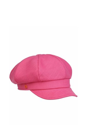 Pink linen newsboy cap with a short brim and a small round metallic logo on the side band.