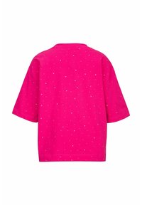 Kurze Ärmel T-Shirt aus lebhaft pinkem Baumwollstoff mit weißem Punktmuster und Rundhalsausschnitt; lockere Passform und glatte Textur.