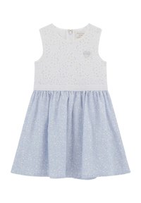 Robe sans manches blanche avec un corsage en dentelle, jupe à motifs floraux bleus et fermeture éclair au dos. Présente un petit détail en forme de cœur sur la poitrine.