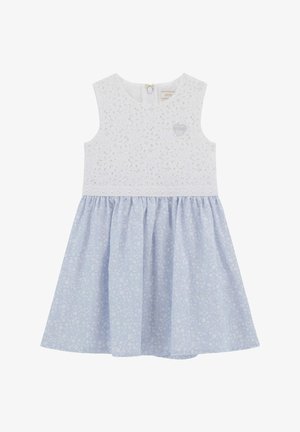 Weißes ärmelloses Kleid mit einem Spitzenoberteil, einem Rock mit blauem Blumenmuster und einem Reißverschluss hinten. Es hat ein kleines Herzdetail auf der Brust.