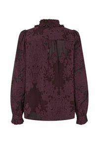 Blouse à manches longues violet foncé avec motif floral, col montant à volants, épaules bouffantes et poignets à volants, vue de dos.