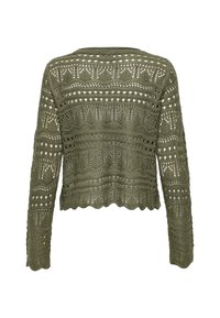 Oliwkowy sweter dzianinowy o kroju krótkim, z długimi rękawami, misternymi wzorami ażurowymi i falbaniastym dołem.