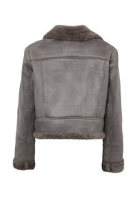 Giacca in shearling grigia con taglio corto, caratterizzata da un colletto e polsini morbidi e testurizzati. Design elegante con dettagli di cucitura sul retro.