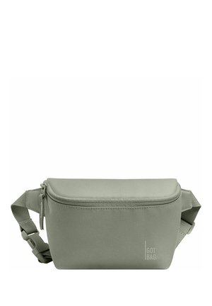 Light green crossbody bag made of durable fabric, featuring a top zipper, adjustable strap, and subtle logo print on the front.