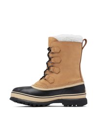 Stivale in pelle color cuoio e gomma nera con fodera in pelliccia, dotato di sei ganci, cuciture rinforzate e suola in gomma testurizzata per una migliore presa.