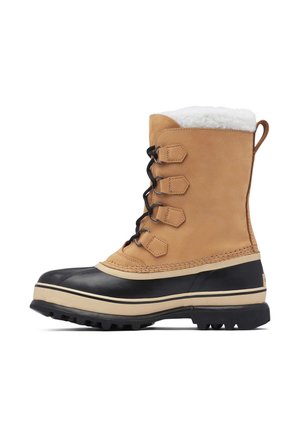 Støvle i tanfarvet læder og sort gummi med foret af pels, der har seks kroge, forstærkede syninger og en tekstureret gummisål for godt greb.