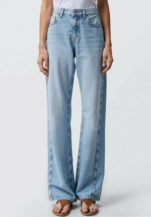 Light blue wide-leg jeans made from denim, featuring a high waist, five pockets, and minimal fading detail throughout the fabric.