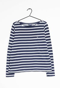 Maglietta a maniche lunghe a righe blu navy e bianche con scollatura arrotondata e piccolo logo sul petto, realizzata in morbido cotone.
