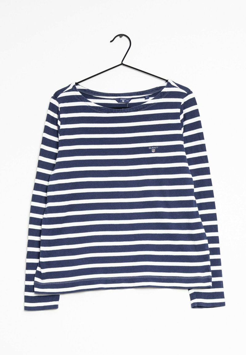 Maglietta a maniche lunghe a righe blu navy e bianche con scollatura arrotondata e piccolo logo sul petto, realizzata in morbido cotone.