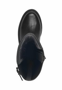 Black leather ankle boot with a smooth texture, rounded toe, and a zipper on the side. Interior reveals soft lining and no visible pattern.