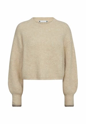 Hellbeige, taillierte Strickjacke aus geripptem Material, mit rundem Halsausschnitt und Ballonärmeln mit einem dunkleren Akzent am Bündchen.