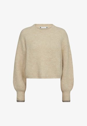 Vaalean beige lyhyeksi leikatun neuleen, joka on valmistettu ribbineuloksesta, pyöreä pääntie ja ballonsateet tummemmalla hihansuutuella.