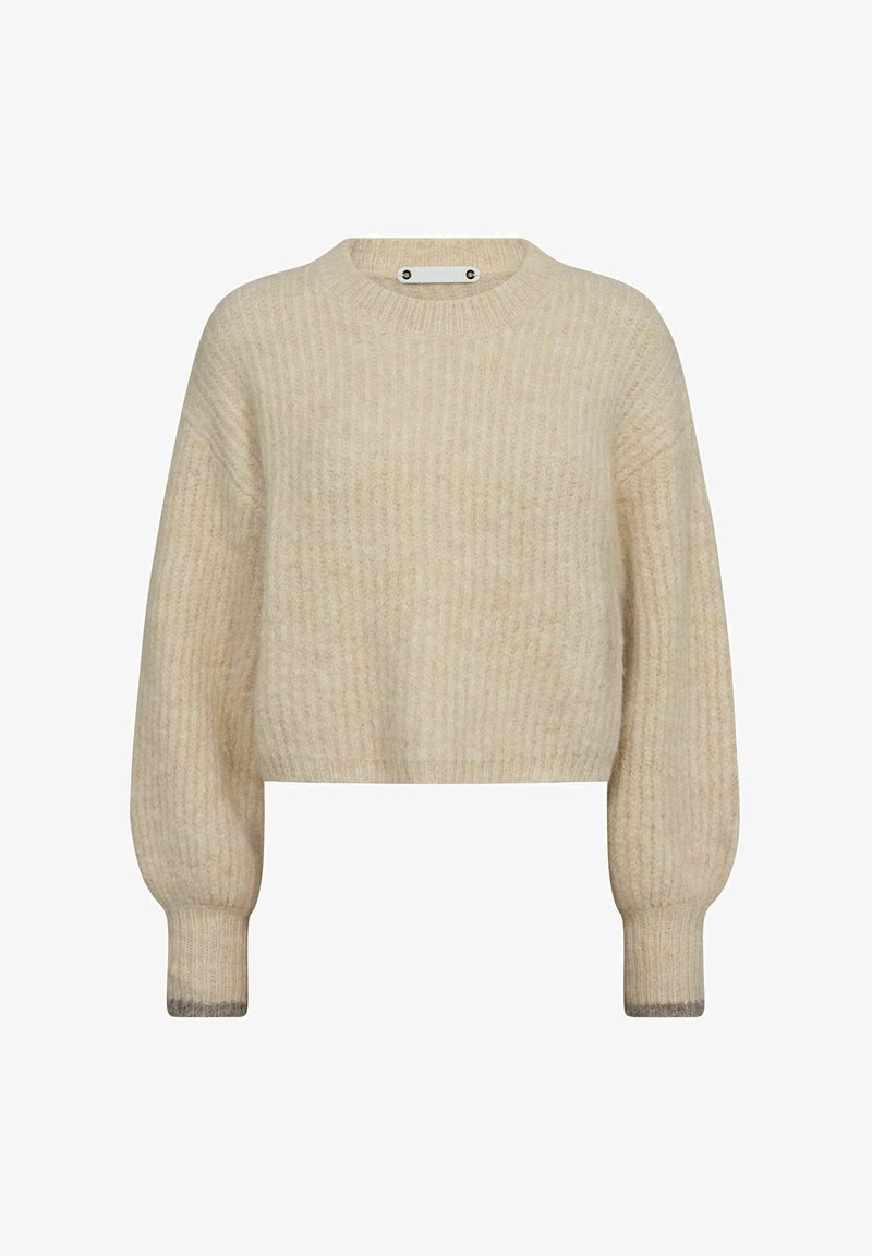 Pull léger beige, court, en tricot côtelé, avec un col rond et des manches ballon avec un accent de poignet plus foncé.