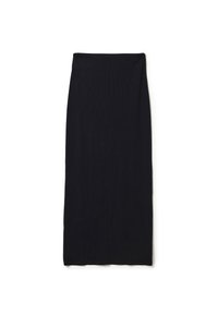 Falda midi de punto acanalado negra con una silueta recta. Cuenta con una cintura elástica y una textura suave. Diseño simple sin patrones.