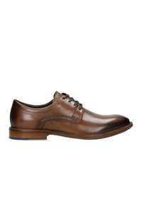 Scarpa da uomo in pelle marrone, con punta arrotondata, finitura liscia, design con lacci e tacco impilato con un accento blu.