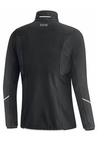 Black jacket with a high collar, made of a smooth, lightweight fabric. Features reflective accents and a fitted design.