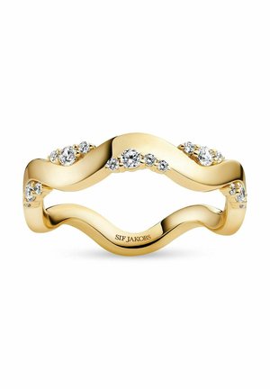 Guld bølget båndring med klynger af små runde diamanter sat langs kurver, graveret indvendigt med "SIF JAKOBS" på en hvid baggrund.