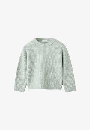 Pull en tricot côtelé vert clair avec un col rond et des manches longues. Fabriqué à partir de matières douces, il présente un design simple avec une coupe légèrement décontractée.