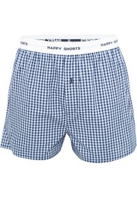 Navy and white gingham pattern boxer shorts with a solid white waistband labeled "HAPPY SHORTS." Features a front button closure.