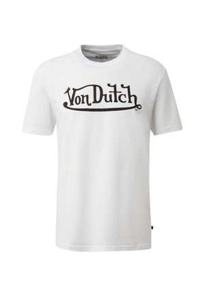 Valge puuvillane T-särk, mille esiküljel on musta värvi script-logo "Von Dutch", ümmargune kaelus, lühikesed varrukad ja mugav lõige.