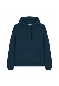 Felpa blu navy realizzata in tessuto morbido, con tasca frontale, cappuccio regolabile con cordino e polsini e orlo a costine.