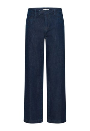 Mørkeblå vidde-ben denimjeans med sidelommer og en skjult frontlukning, mærket "PULZ JEANS" på taljen.