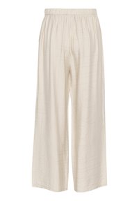 Wide-leg pants in light beige with an elastic waistband. Features a subtle geometric pattern and a smooth, textured fabric.