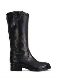 Botte noire en cuir, jusqu'au genou, avec un bout arrondi et un petit talon carré. Texture lisse et détails de couture minimaux. Fermeture par zip sur le côté.