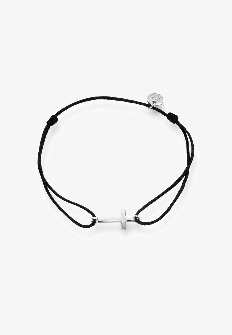 Must räni, mille keskel on hõbedane rist. Lihtne disain, reguleeritava kinnitusega ja väike ümar metalltag.