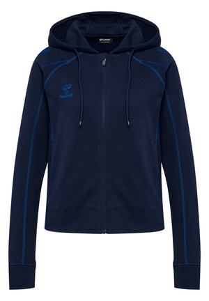 Granatowa bluza z kapturem na suwak, posiadająca kaptur i sznurki, z niebieskimi przeszyciami oraz małym logo hummel na lewej piersi.