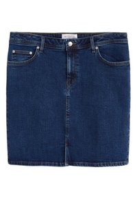 Falda de mezclilla en azul oscuro, con forma recta, bolsillos frontales y cierre de botón. De longitud media con un dobladillo limpio.