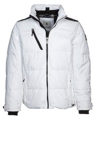 Vit pufferjacka med dragkedja fram, svarta accenter på axlarna och en bröstficka. Har texturerat tyg och stickade ärmslut.