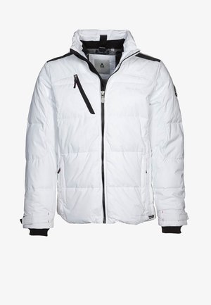 White puffer jacket with a zip front, black accents on shoulders, and a chest pocket. Features textured fabric and knit wrist cuffs.