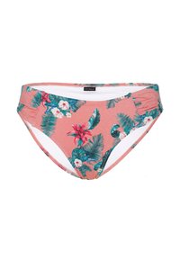 Slip inferiore di bikini rosa con motivo floreale tropicale, realizzato in tessuto elasticizzato, con una fodera bianca unita e dettagli arricciati ai lati.