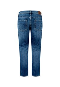 Blå denimjeans med rak skärning, två bakfickor med böjd söm och en läderetikett på midjan.