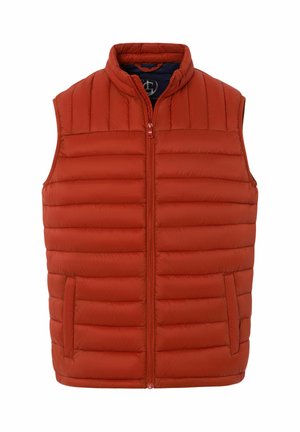 Roestkleurige gewatteerde mouwloze puffervest met een ritssluiting aan de voorkant en twee zijzakken, staande kraag.