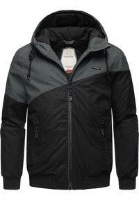 Giacca con cappuccio nera e grigia, con una zip frontale, polsini a costine e due tasche laterali con zip. Realizzata in tessuto testurizzato.