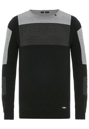 Schwarzer und grauer gestrickter Pullover mit horizontaler Rippstruktur, langen Ärmeln, Rundhalsausschnitt und einem kleinen Logo-Accento nahe dem Saum.