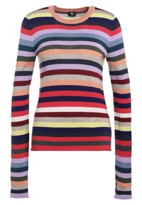 Gestrickter Pullover mit langen Ärmeln und mehrfarbigen horizontalen Streifen in verschiedenen Breiten. Verfügt über einen runden Ausschnitt und eine angenehme, weiche Textur.