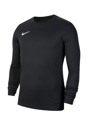 Schwarzes Sportshirt mit langen Ärmeln, Rundhalsausschnitt und weißem Nike-Swoosh auf der rechten Brust, auf schlichtem Hintergrund dargestellt.