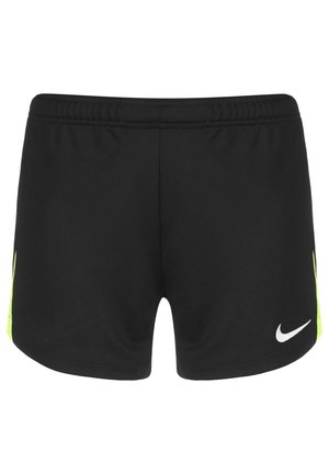 Czarne krótkie spodenki sportowe z elastycznym pasem, neonowożółtymi bocznymi panelami i białym logo Nike na dolnej prawej nodze.