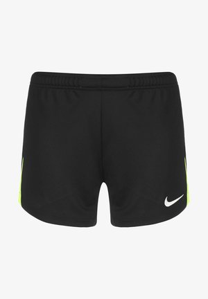 Sorte atletikshorts med elastisk talje, neon-gule sidepaneler og hvid Nike-logo på det nederste højre ben.