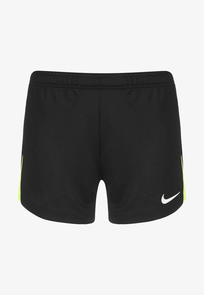 Shorts de sport noirs avec taille élastique, panneaux latéraux jaune néon et logo Nike blanc sur la partie inférieure de la jambe droite.