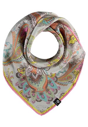 Firkantet silkeskærf med flerfarvede paisley-blomsterprint i orange, grønblå, gul og pink, foldet til en cirkulær form.