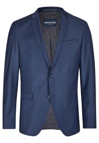 Blazer bleu marine en tissu lisse, doté de deux boutons, d'une poche poitrine unique et d'une doublure intérieure grise texturée.