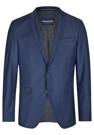 Marineblauwe blazer van soepel materiaal, met twee knopen, een enkele borstzak en een gestructureerde grijze binnenvoering.