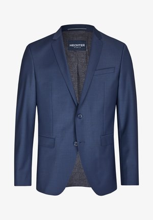 Marineblauwe blazer van soepel materiaal, met twee knopen, een enkele borstzak en een gestructureerde grijze binnenvoering.